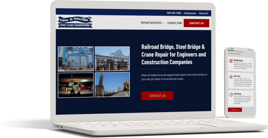 An illustration of a desktop computer and a mobile device displaying a website for a company that specializes in railroad bridge, steel bridge, and crane repair services for engineers and construction companies, designed by a marketing agency